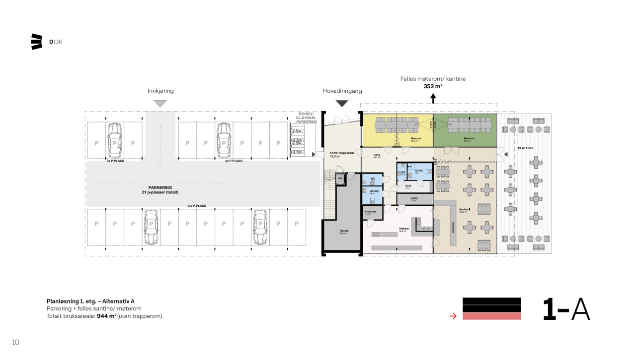 Planløsning 1. etg. Alternativ A. Parkering + felles kantine/møterom. Totalt bruksareale: 994m².
