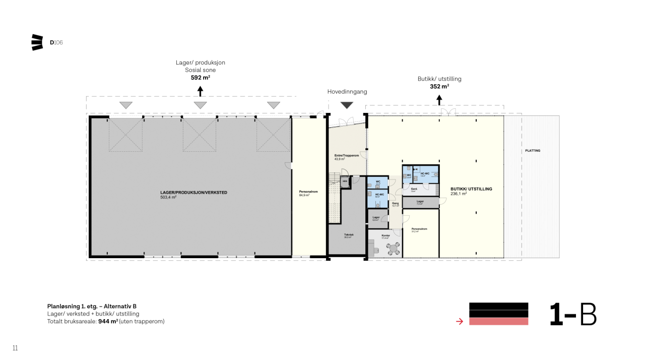 Planløsning 1. etg. Alternativ B. Lager/verkstaed + butikk/utstilling. Totalt bruksareale: 994m².