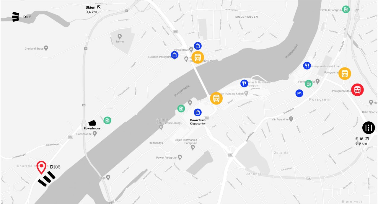 Kart over Porsgrunn som viser byggets plassering samt distanse til andre knutepunkter i byen.